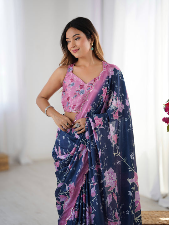 Navy Blue Chinon Digital Printed Designer Saree with Blouse