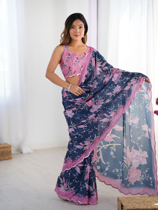 Navy Blue Chinon Digital Printed Designer Saree with Blouse