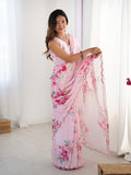 Baby Pink Chinon Digital Printed Designer Saree with Blouse