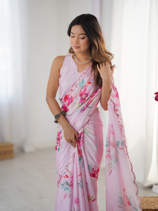 Baby Pink Chinon Digital Printed Designer Saree with Blouse