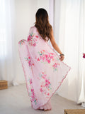 Baby Pink Chinon Digital Printed Designer Saree with Blouse