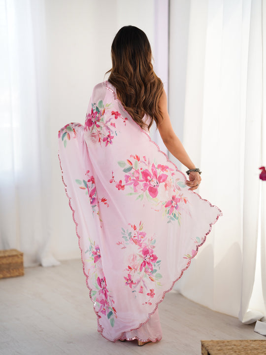 Baby Pink Chinon Digital Printed Designer Saree with Blouse