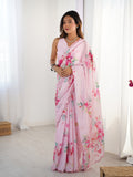 Baby Pink Chinon Digital Printed Designer Saree with Blouse