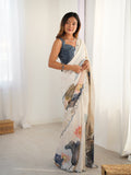 Off White Chinon Digital Printed Designer Saree with Blouse