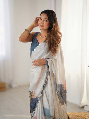 Off White Chinon Digital Printed Designer Saree with Blouse