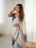 Off White Chinon Digital Printed Designer Saree with Blouse