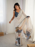 Off White Chinon Digital Printed Designer Saree with Blouse