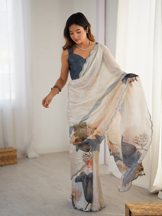 Off White Chinon Digital Printed Designer Saree with Blouse