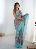 Grey Chinon Digital Printed Designer Saree with Blouse