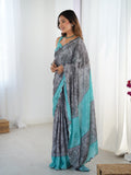 Grey Chinon Digital Printed Designer Saree with Blouse
