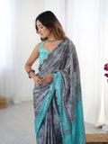 Grey Chinon Digital Printed Designer Saree with Blouse