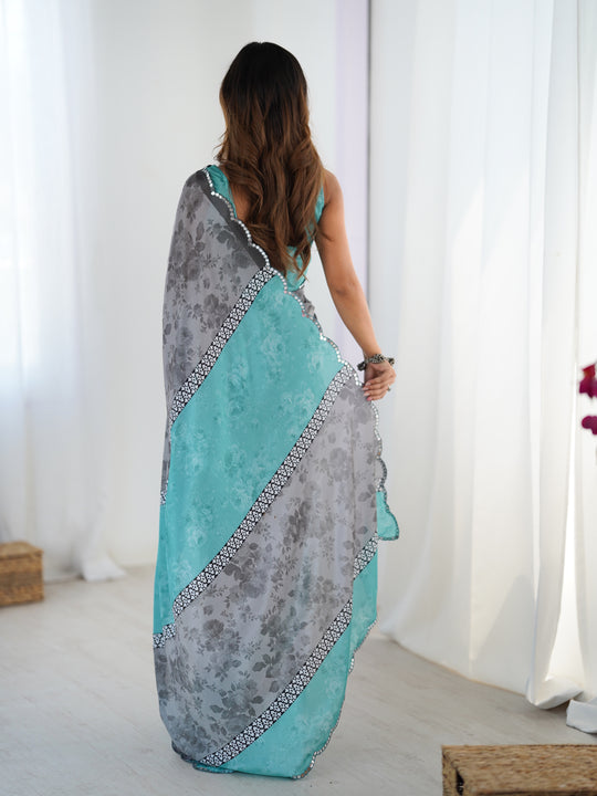 Grey Chinon Digital Printed Designer Saree with Blouse