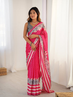 Pink Chinon Digital Printed Designer Saree with Blouse
