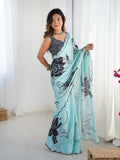 Sea Green Chinon Digital Printed Designer Saree with Blouse
