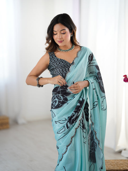 Sea Green Chinon Digital Printed Designer Saree with Blouse