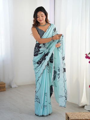 Sea Green Chinon Digital Printed Designer Saree with Blouse