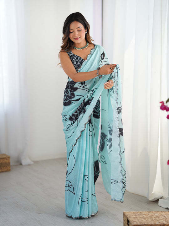 Sea Green Chinon Digital Printed Designer Saree with Blouse