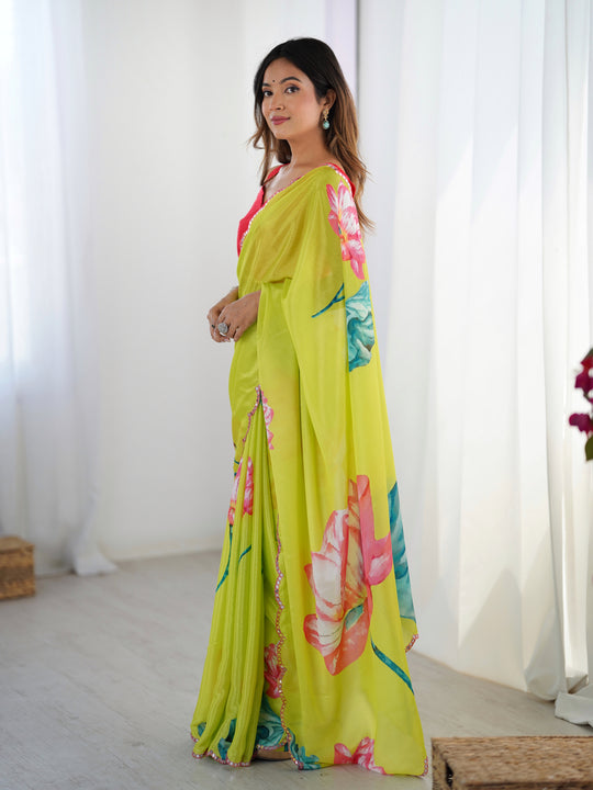 Parrot Green Chinon Digital Printed Designer Saree with Blouse