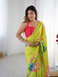 Parrot Green Chinon Digital Printed Designer Saree with Blouse