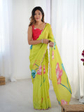 Parrot Green Chinon Digital Printed Designer Saree with Blouse