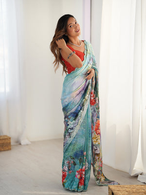 Multicolor Chinon Digital Printed Designer Saree with Blouse