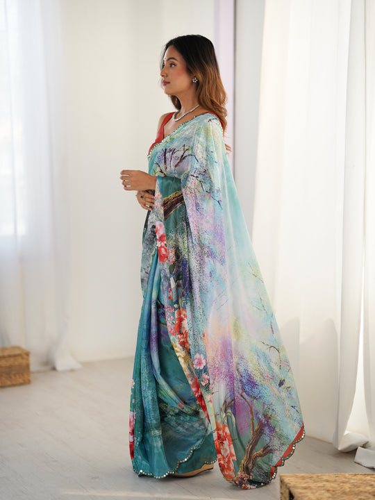 Multicolor Chinon Digital Printed Designer Saree with Blouse