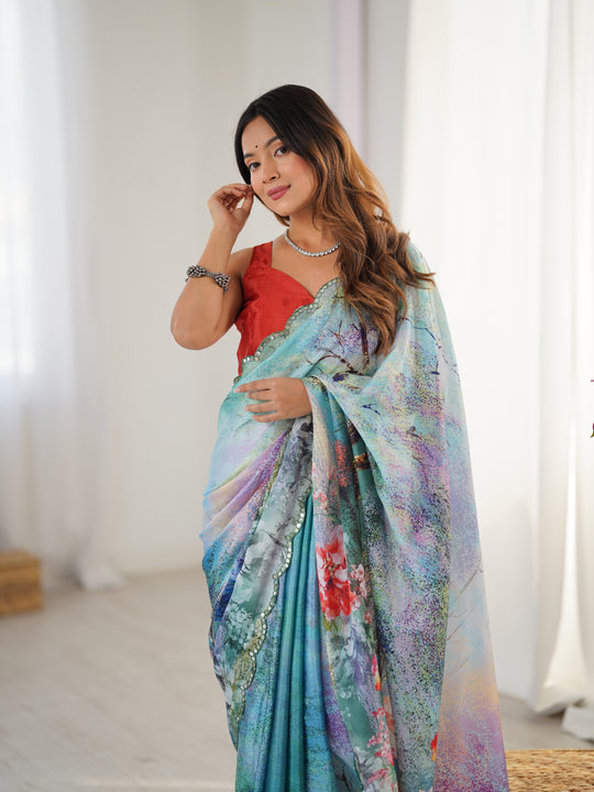 Multicolor Chinon Digital Printed Designer Saree with Blouse