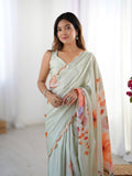 Pista Green Chinon Digital Printed Designer Saree with Blouse