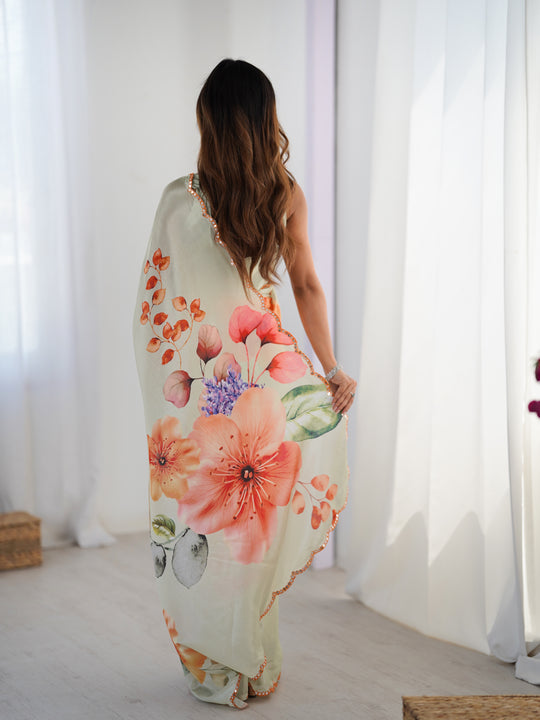 Pista Green Chinon Digital Printed Designer Saree with Blouse