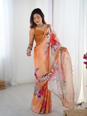 Multicolor Chinon Digital Printed Designer Saree with Blouse