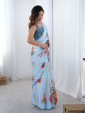 Sky Blue Chinon Digital Printed Designer Saree with Blouse