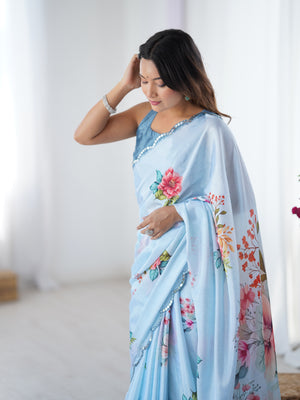 Sky Blue Chinon Digital Printed Designer Saree with Blouse