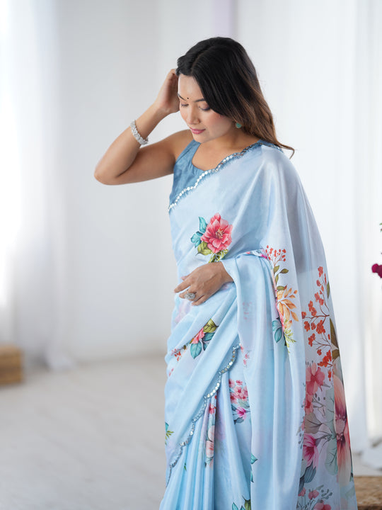 Sky Blue Chinon Digital Printed Designer Saree with Blouse