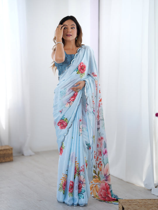 Sky Blue Chinon Digital Printed Designer Saree with Blouse