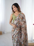 Multicolor Chinon Digital Printed Designer Saree with Blouse