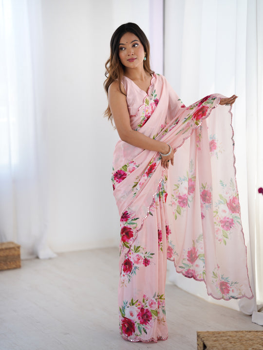 Baby Pink Chinon Digital Printed Designer Saree with Blouse