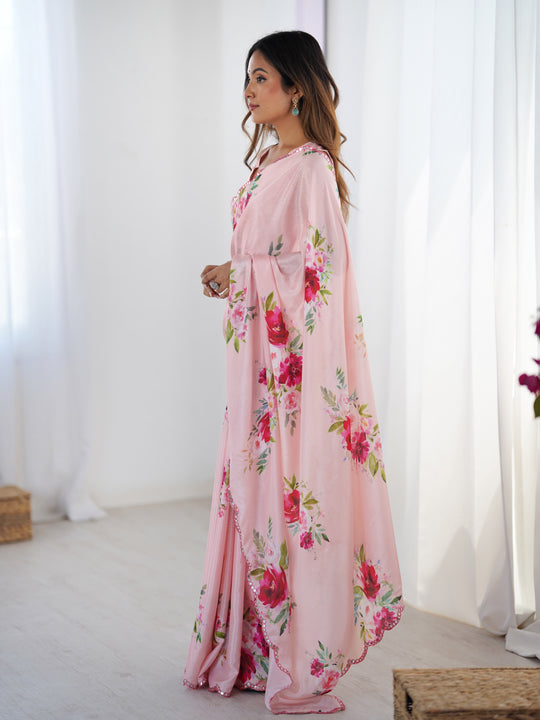 Baby Pink Chinon Digital Printed Designer Saree with Blouse
