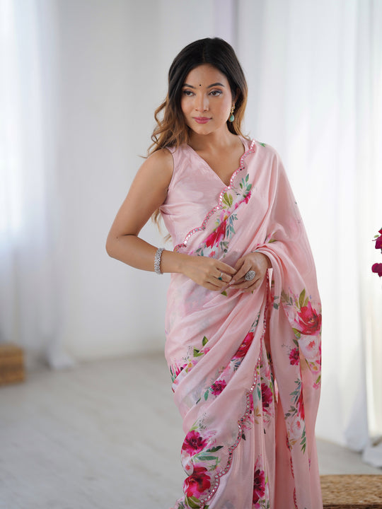 Baby Pink Chinon Digital Printed Designer Saree with Blouse