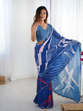 Blue Chinon Digital Printed Designer Saree with Blouse