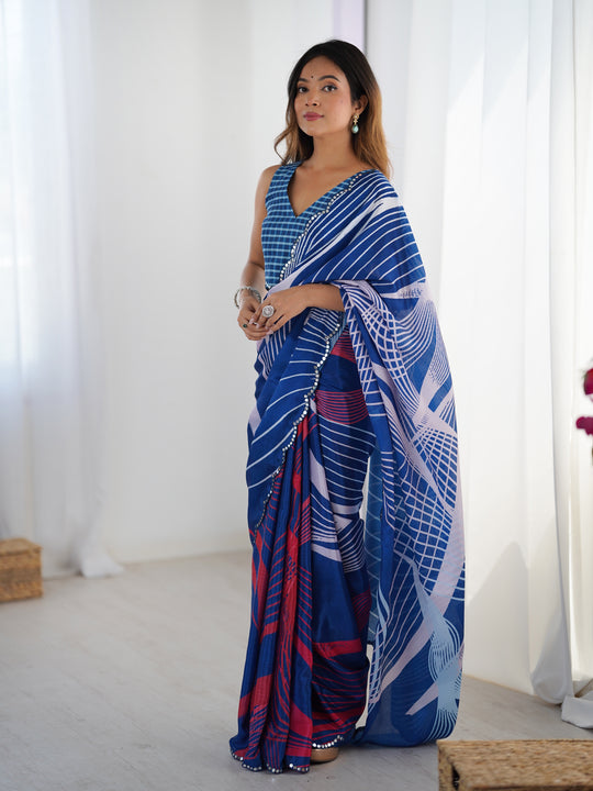 Blue Chinon Digital Printed Designer Saree with Blouse