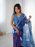 Blue Chinon Digital Printed Designer Saree with Blouse