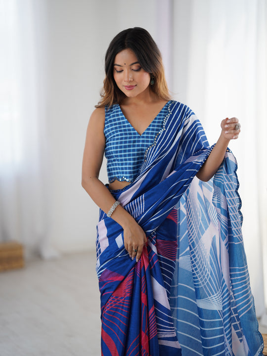 Blue Chinon Digital Printed Designer Saree with Blouse