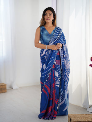 Blue Chinon Digital Printed Designer Saree with Blouse