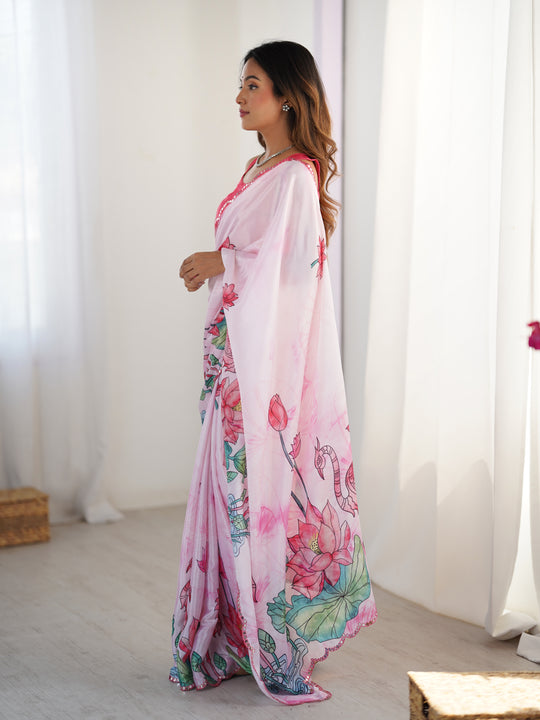 Pink Chinon Digital Printed Designer Saree with Blouse