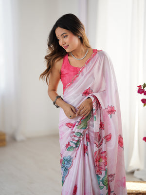 Pink Chinon Digital Printed Designer Saree with Blouse