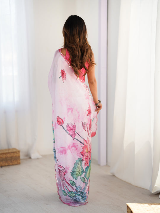 Pink Chinon Digital Printed Designer Saree with Blouse
