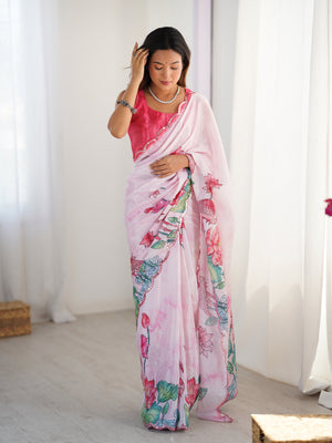 Pink Chinon Digital Printed Designer Saree with Blouse