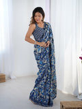 Navy Blue Chinon Digital Printed Designer Saree with Blouse