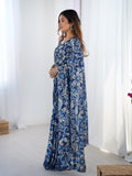 Navy Blue Chinon Digital Printed Designer Saree with Blouse