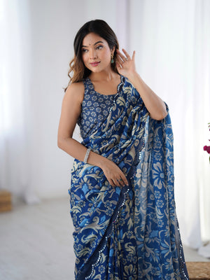 Navy Blue Chinon Digital Printed Designer Saree with Blouse